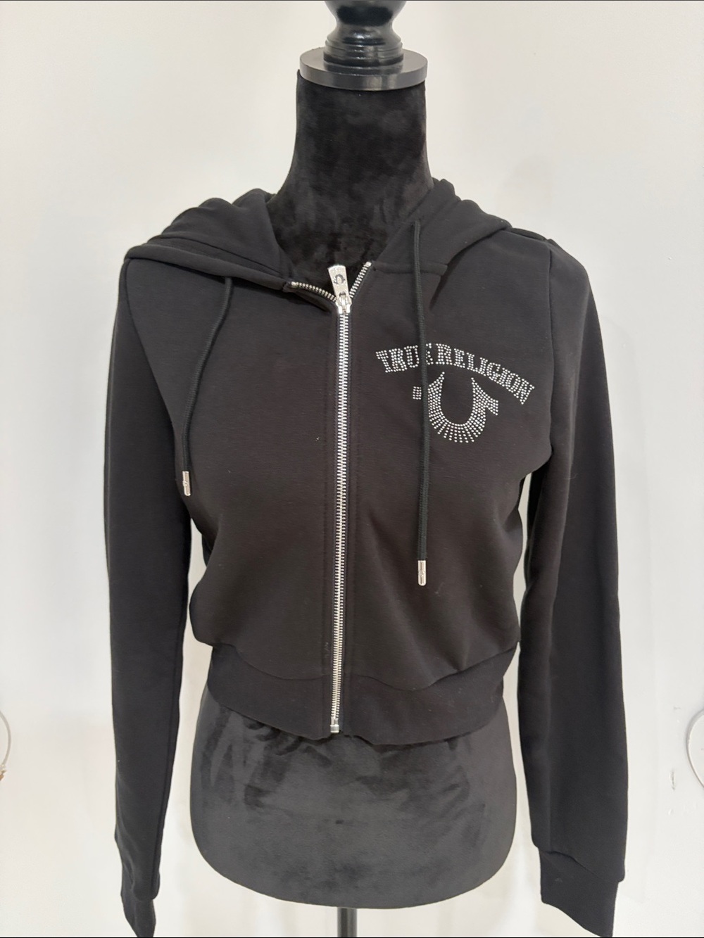 True Religion Black Rhinestone Logo Zip-Up Hoodie